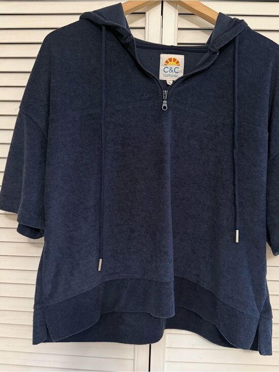 C&C California Tops - C&C California Navy Terry Short Sleeve Half-Zip Hooded Pullover